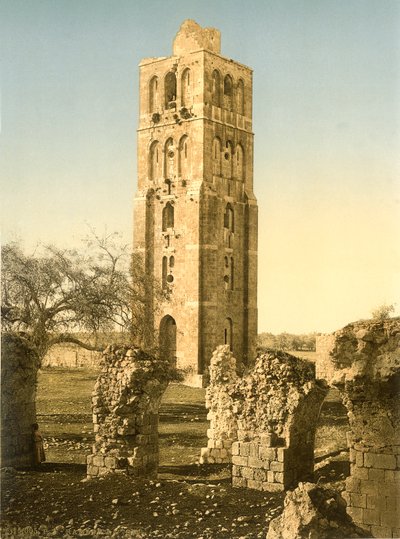 The Tower of the Mosque of Ramleh with Ruined Vaults in the Foreground, c.1880-1900 by Swiss Photographer